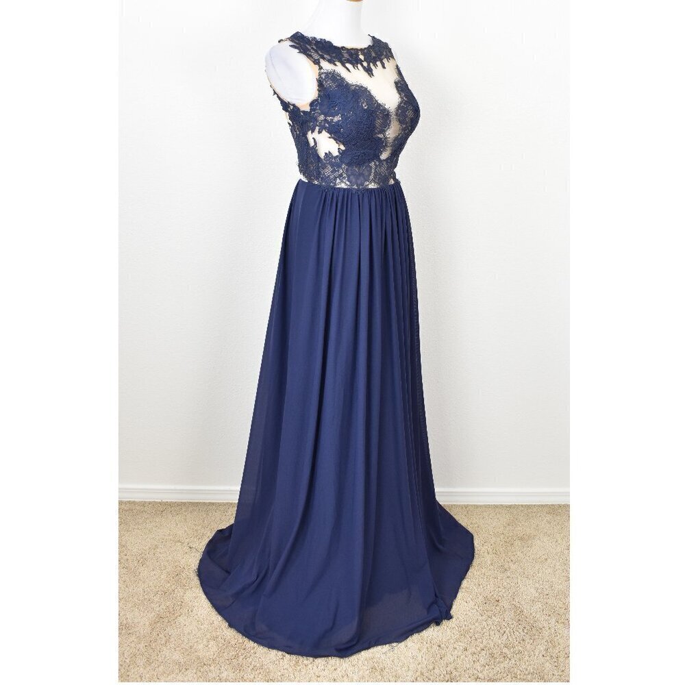 Sherri Hill 5207 Navy Blue Lace Illusion Open Back Gown - 12 - Picture 9 of 14